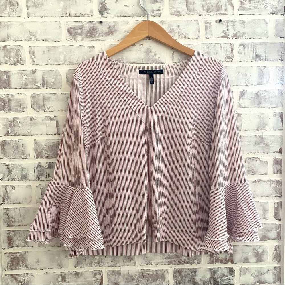 WH|BM • Striped Carmen Bell Sleeve Blouse • Ecru w Dark Berry • Size 14